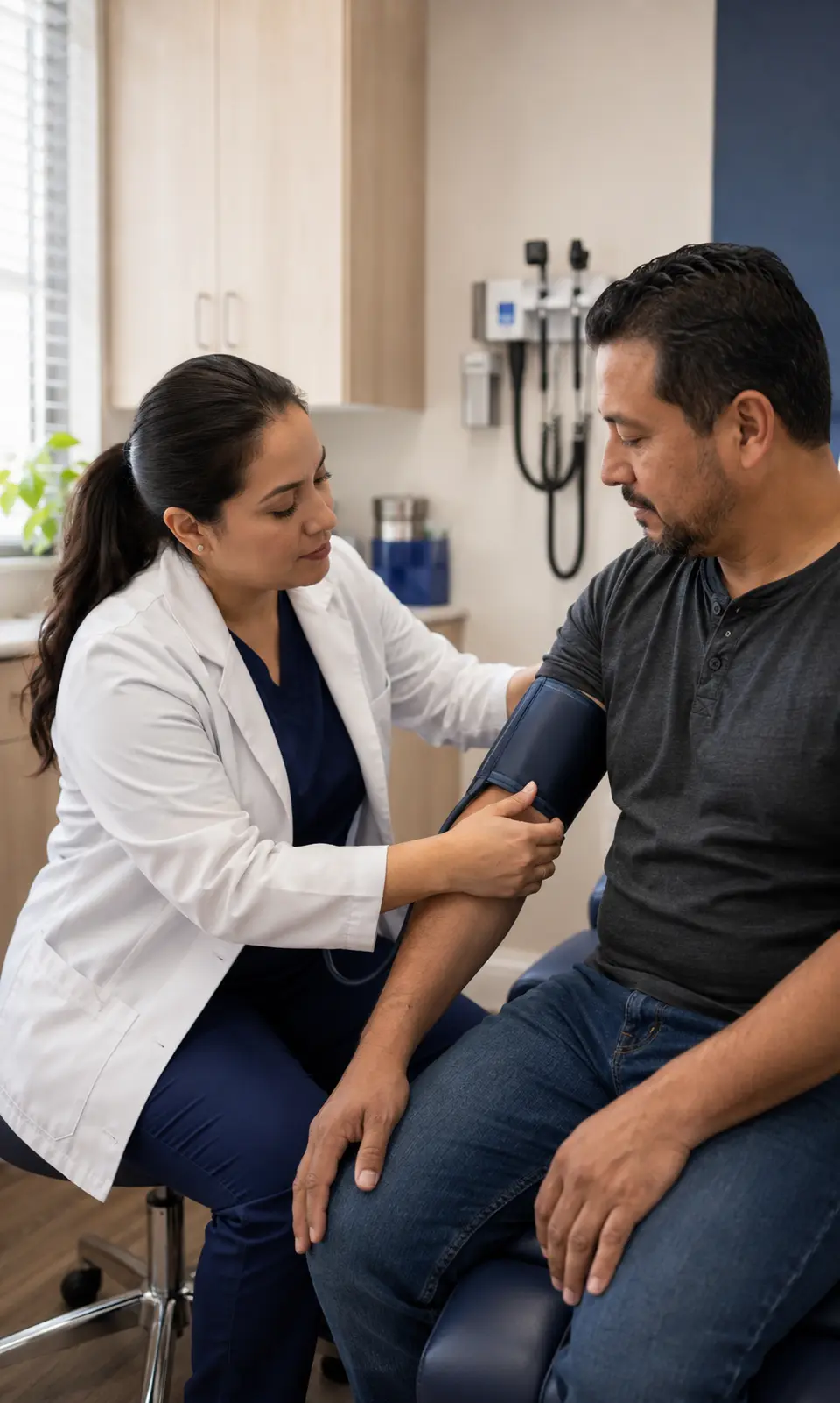 Clinician checks a patient's blood pressure