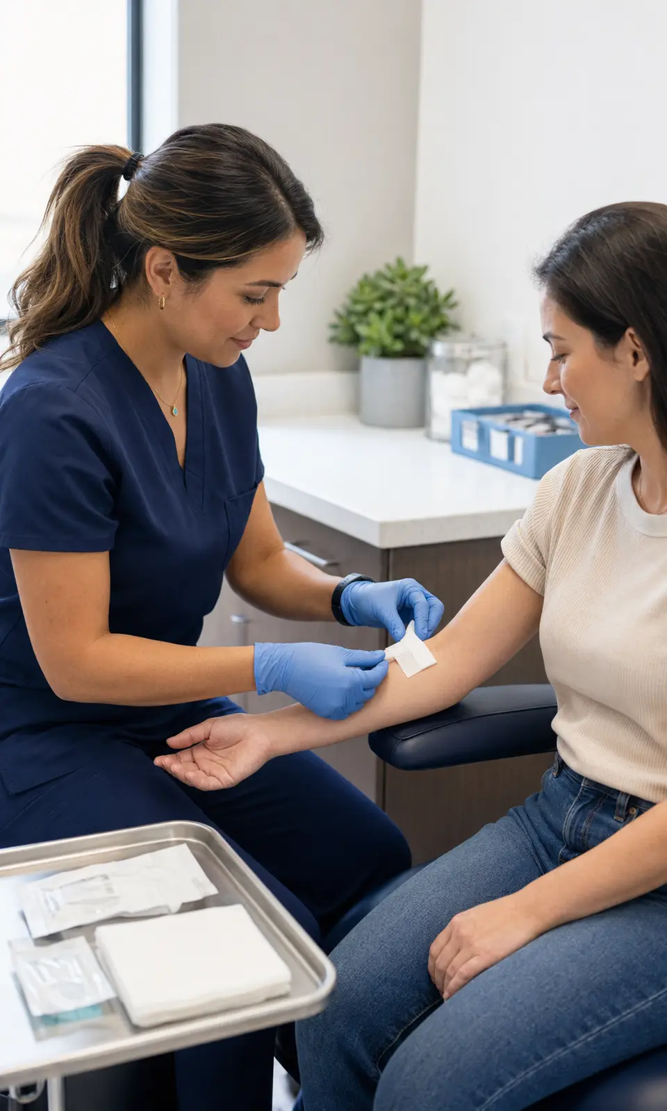 Clinician applies a simple forearm dressing